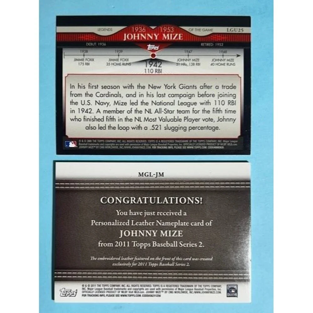 JOHNNY MIZE 2011 Topps Manufactured Leather Nameplate # MGL-JM HOF+2009 #LGU25